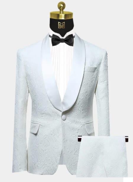 Men One Button Floral All White Tuxedo with Shawl Lapel – 2 Piece