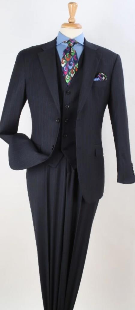 Vitali Mens Black Tone on Tone Shadow Stripe Vested Suit Set – 3 Piece Modern Fit Pinstripe Two Buttons main image 1