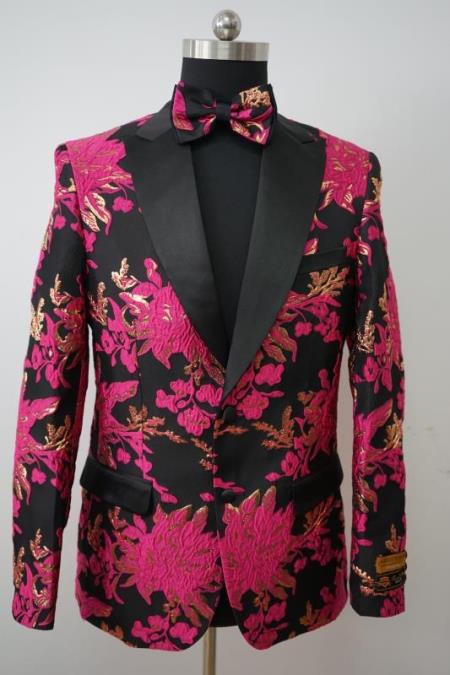 Mens Paisley Tuxedo - Paisley Blazer - Prom 2026 Sport Jacket With Matching Bowtie - Pink and Black Blaze