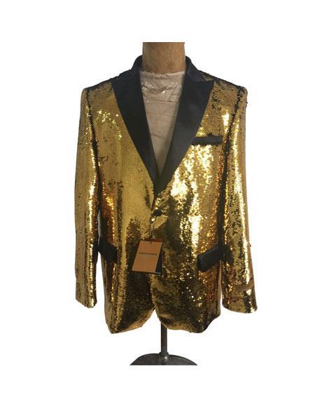 Mens Big and Tall Sequin Blazer - Shiny Fancy Sport Coat + Matching Bowtie + Gold Tuxedo