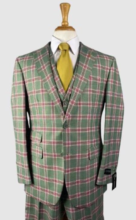 Plaid Suits - Peak Lapel 1920s Lapeled Vest Flat Front Pants Two Button Suits Green ~ Green ~ Sage