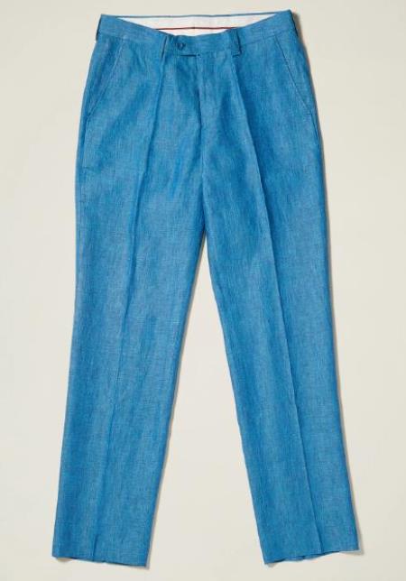 Linen Flat Front Pants Deep Sea Blue Colors