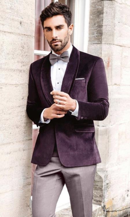 Mens Velvet Dinner Jacket - Mens Tuxedo Blazer With Trim Shawl Collar Aubergine
