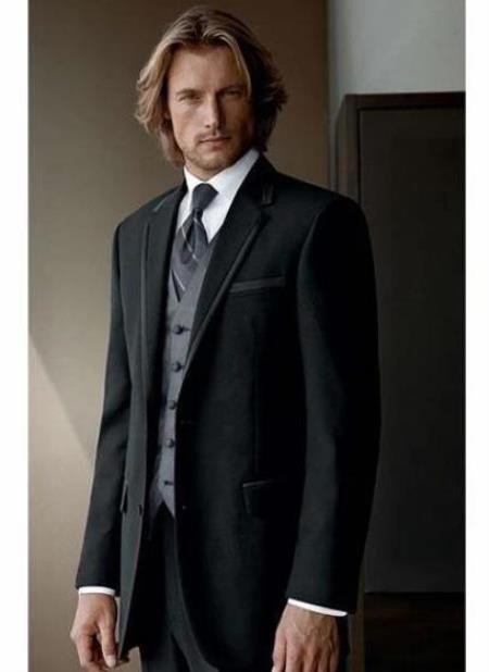 Mens Black Suit Gray Vest