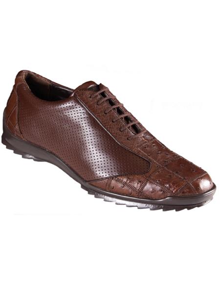 Mens Los Altos Genuine Ostrich Quill Patch Design Brown Sneaker