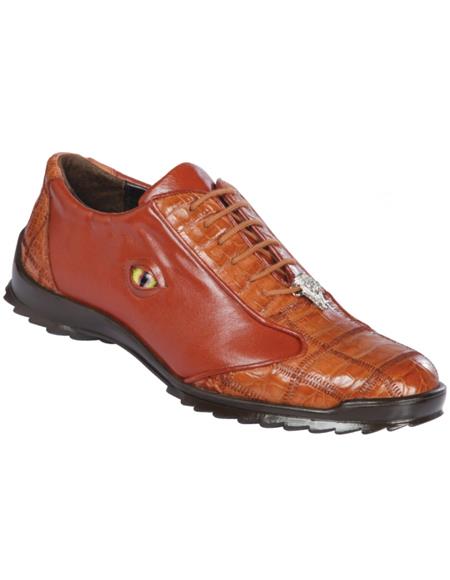 Mens Los Altos Genuine Caiman Croc Patch Design Cognac Sneaker