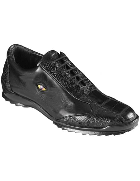 Mens Los Altos Genuine Caiman Croc Patch Design Black Sneaker