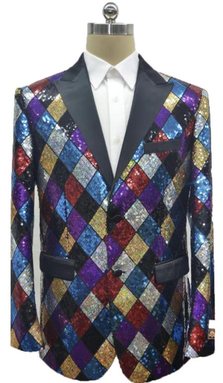 Mens Square Pattern Multi Color Rainbow Sequin Blazer — Menssuitsatlanta