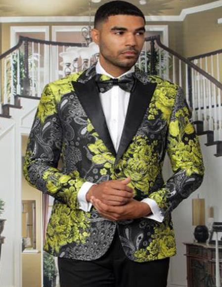 Gold Tuxedo with Black Pants and Matching Bowtie - Paisley Suits - Floral Prom 2026 or Wedding Suit