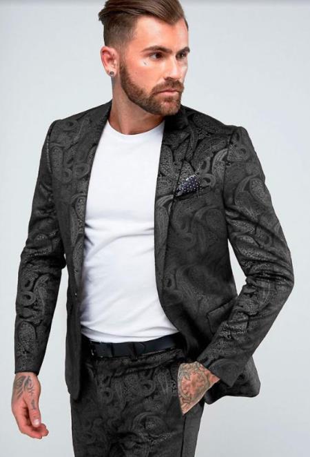 Paisley Suit - Floral Suit Wedding Prom 2026 Suit Black + Matching Bowtie