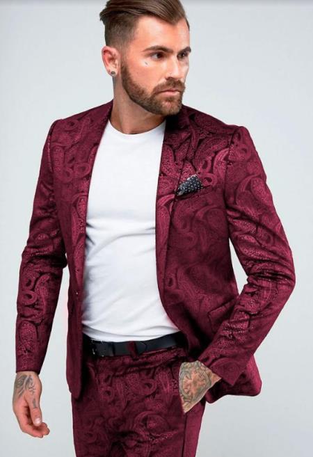Paisley Suit - Floral Suit Wedding Prom 2026 Suit Burgundy + Matching Bowtie