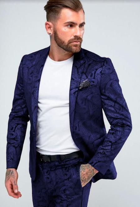Paisley Suit - Floral Suit Wedding Prom 2026 Suit Dark Blue + Matching Bowtie