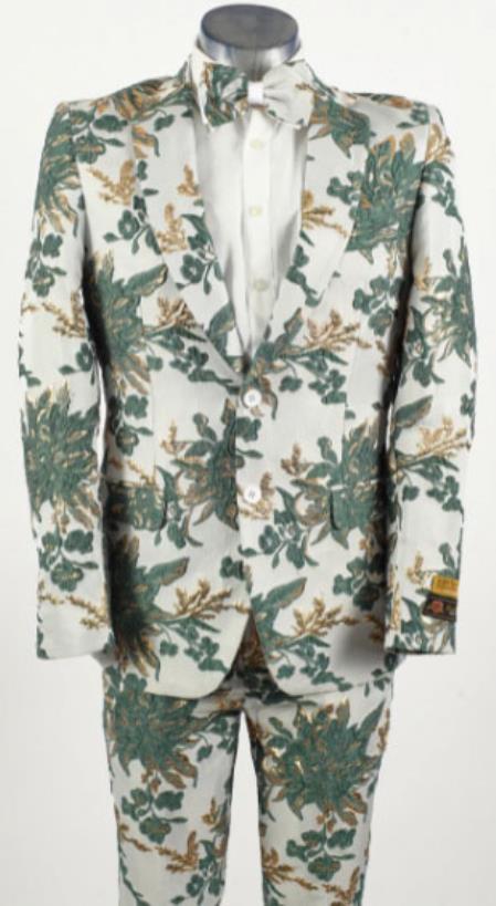Mens Hunter Green ~ White 2 Button Floral Paisley Prom 2026 and Wedding Tuxedo
