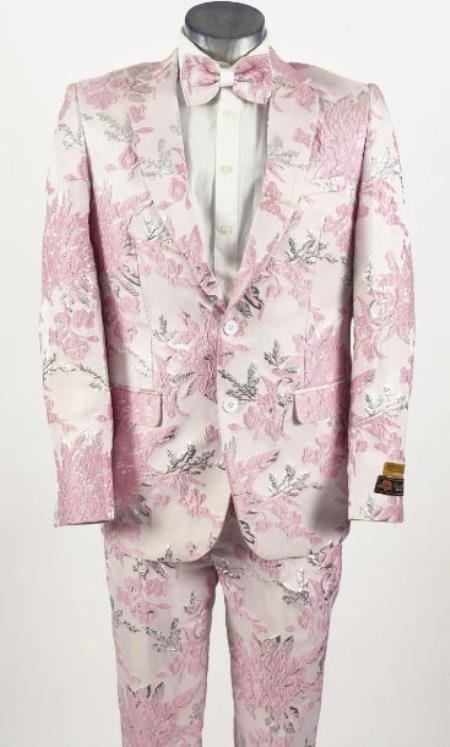 Mens Pink 2 Button Floral Paisley Prom 2025 and Wedding Tuxedo