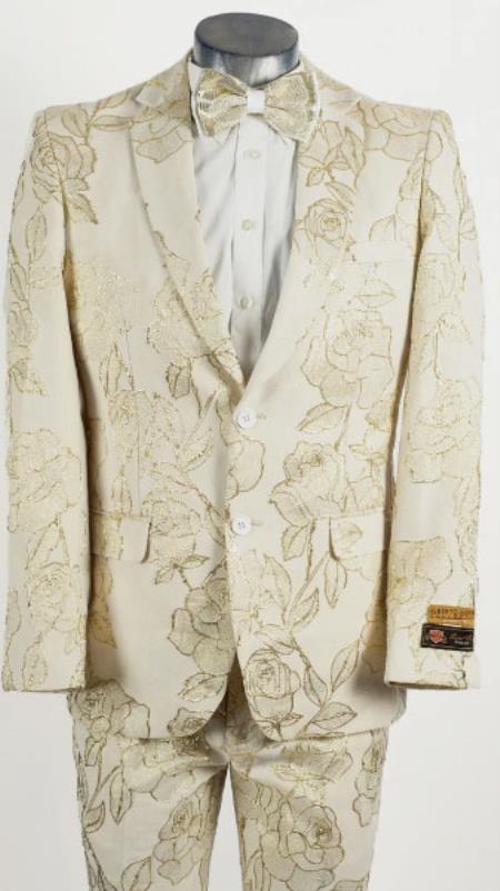 Mens Ivory ~ Gold 2 Button Foil Floral Paisley Prom 2025 and Wedding Tuxedo