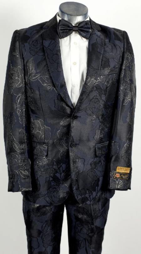 Mens Shiny Black ~ Navy 2 Button Floral Paisley Prom 2025 and Wedding Tuxedo