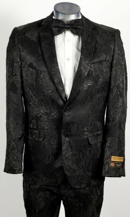 Mens Shiny Black on Black 2 Button Floral Paisley Prom 2026 and Wedding Tuxedo