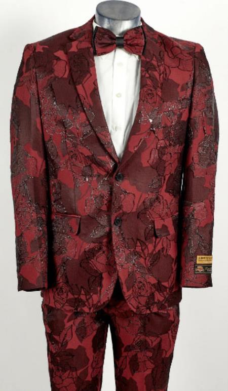 Mens Burgundy 2 Button Floral Paisley Prom 2026 and Wedding Tuxedo