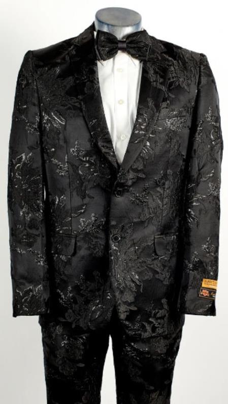 Mens Black Shiny 2 Button Floral Paisley Prom 2026 and Wedding Tuxedo