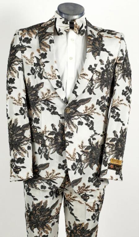 Mens 2 Button Black ~ White Foil Floral Paisley Prom 2026 and Wedding Tuxedo