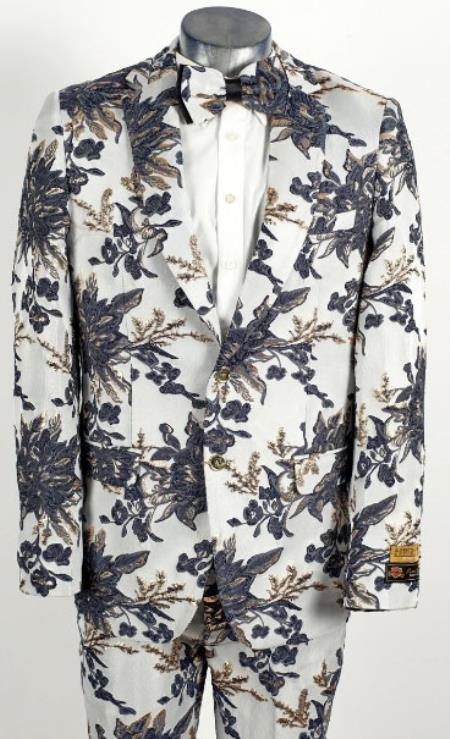 Mens White ~ Navy 2 Button Foil Floral Paisley Prom 2026 and Wedding Tuxedo