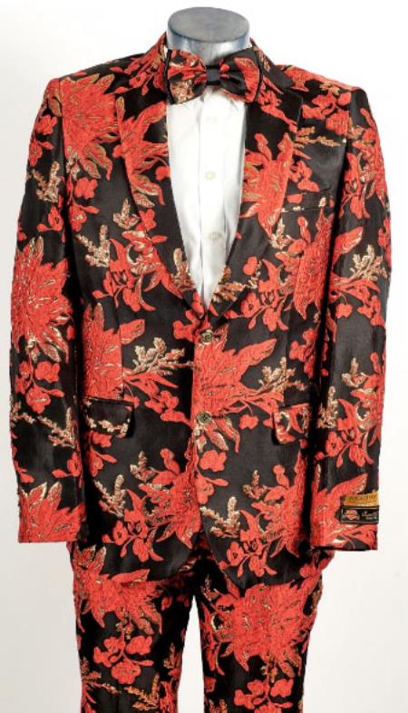 Mens Black and Red 2 Button Floral Paisley Prom 2026 and Wedding Tuxedo