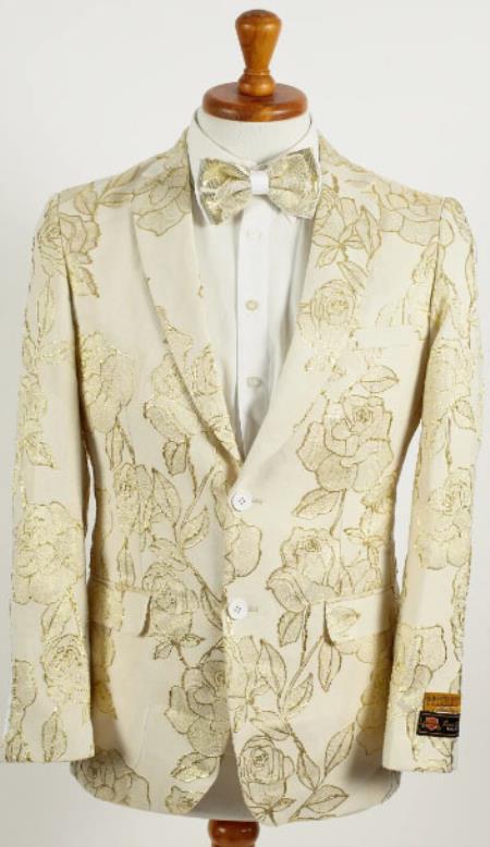 Mens Ivory and Gold 2 Button Foil Floral Paisley Prom 2025 and Wedding Blazer