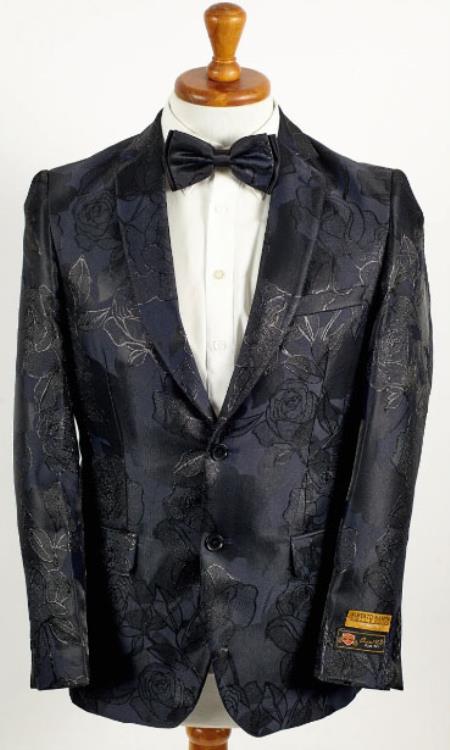 Mens Shiny Black and Navy 2 Button Floral Paisley Prom 2025 and Wedding Blazer