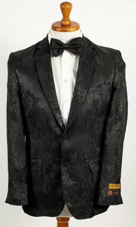Mens Shiny Black on Black 2 Button Floral Paisley Prom 2025 and Wedding Blazer