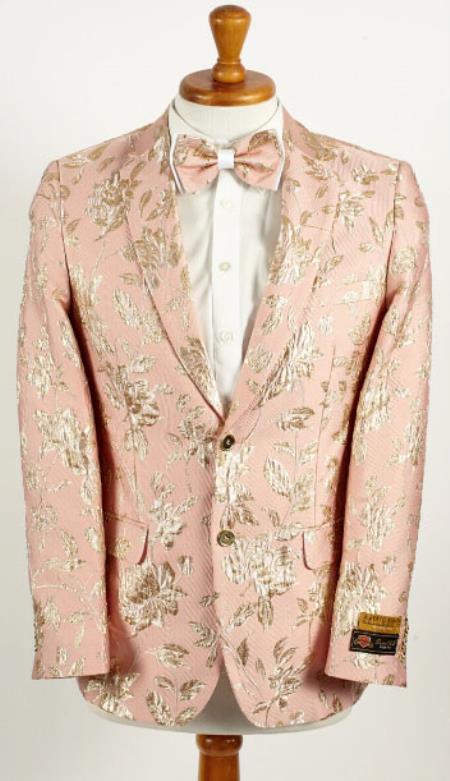Mens Light Pink and Gold 2 Button Foil Floral Paisley Prom 2025 and Wedding Blazer