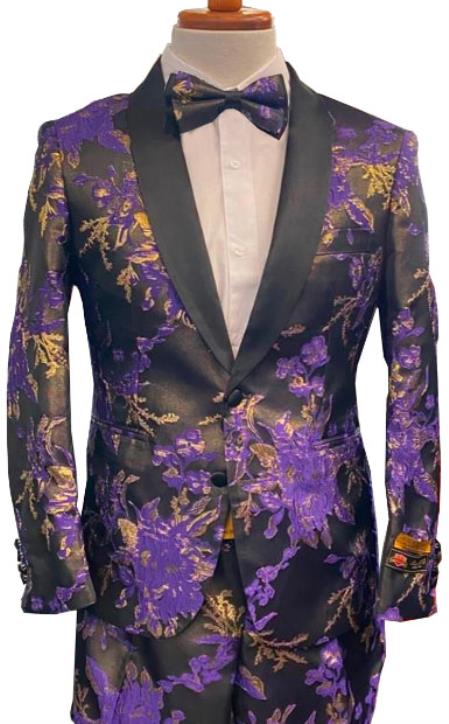 Mens Floral Prom 2025 Tuxedo in Purple Package w/ Matching Pants and Bowtie