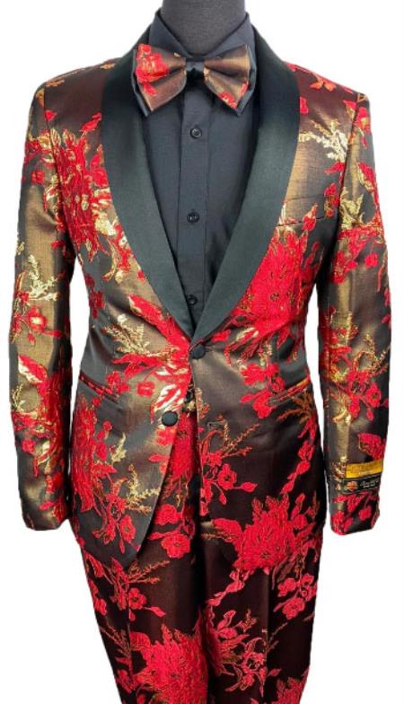 Mens Floral Prom 2026 Tuxedo in Red and Gold Package w/ Matching Pants and Bowtie