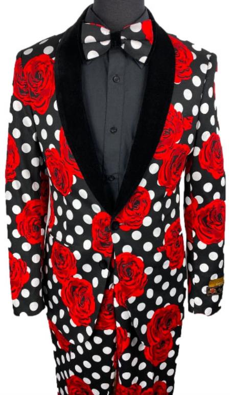 Mens Black and White Polka Dot Prom 2025 Tuxedo with Roses Package w/ Matching Pants and Bowtie
