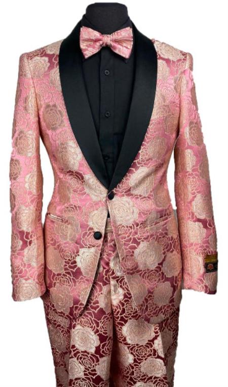 Mens Rose Pink Floral Prom 2025 Tuxedo Package w/ Matching Pants and Bowtie