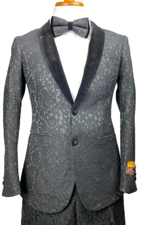 Mens Lace Prom 2026 Tuxedo Package in Black w/ Matching Pants and Bowtie