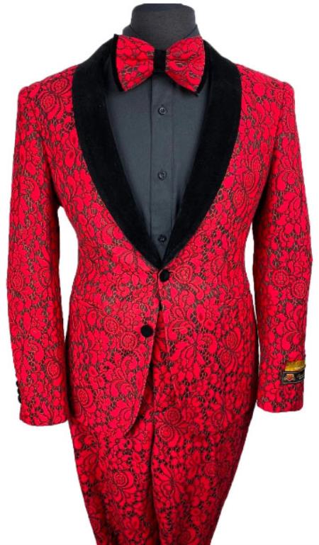 Mens Lace Prom 2026 Tuxedo Package in Red & Black w/ Matching Pants and Bowtie