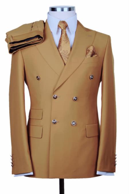 Slim Fitted Cut Mens Double Breasted Suit - Fabric - Flat Front Pants - Camel Color