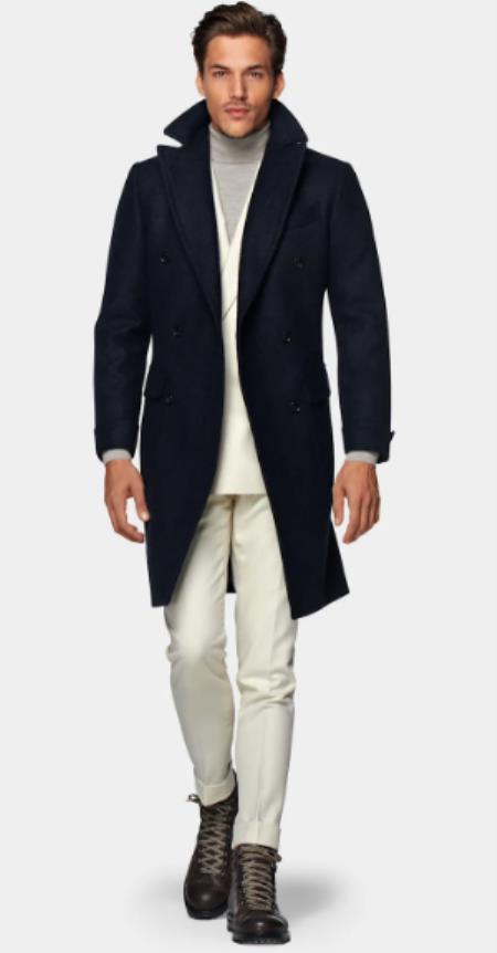 Double Breasted and Cashmere Overcoat - Navy 3/4 Length Car Coat