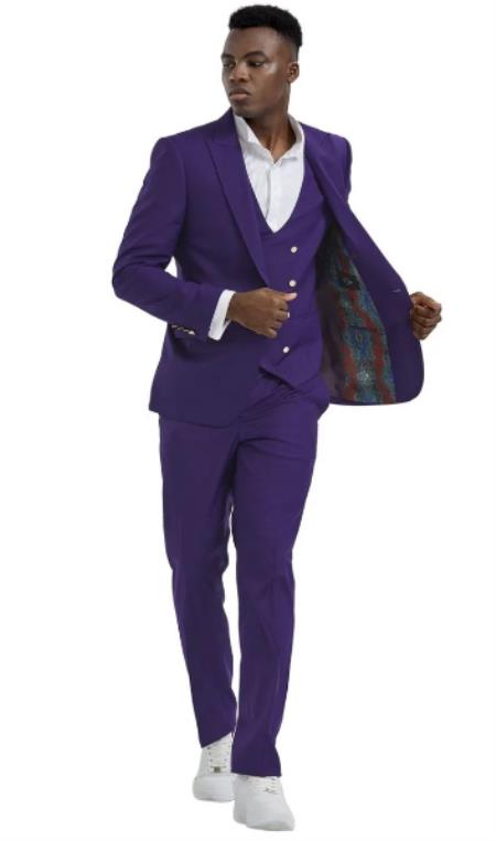 Purple and Gold Button Suit With Vest With Double Breasted Vest