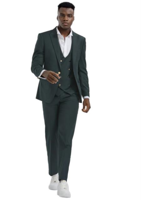 Hunter Green and Gold Buttons Suit With Vest With Double Breasted Vest Slim Fit