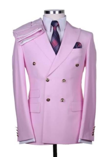 Slim Fitted Cut Double Breasted Suit With Gold Buttons - Light Pink Suit Flat Front Pants