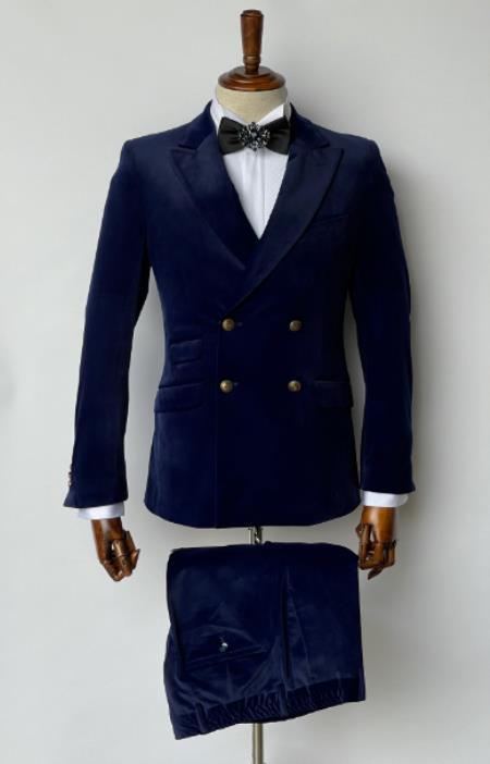 Mens Double Breasted Suits Slim Fitted - Velvet Suit - Winter Fabric Blue Suit
