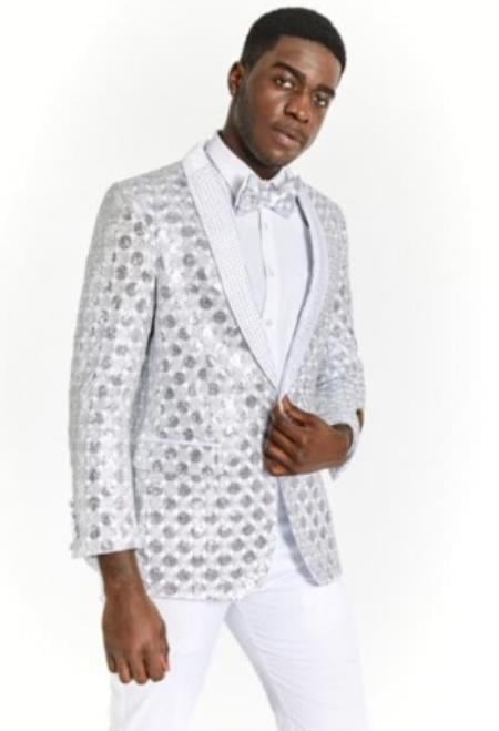 White Dinner Jacket - White Paisley Blazer - White Sportcoat With Bowtie