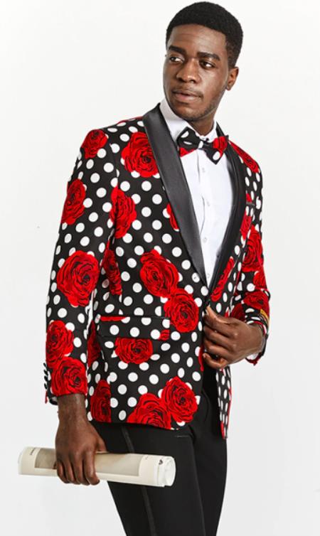 Mens One Button Black and White Polka Dot Prom 2026 Tuxedo Blazer