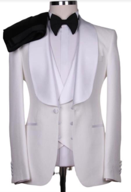 Men’s White 3-Piece Tuxedo Suit – Wide Shawl Lapel Wedding, Prom and Formal Suit