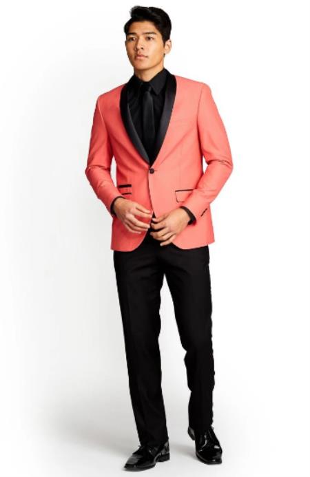 Mens Coral Suits - Prom 2026 Suits - Orangish Pink Color - Slim Fit Cut