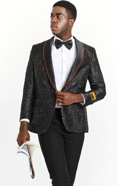 Black Paisley Dinner Jacket and Matching Bowtie - Black Paisley Suit - Prom 2026 Tuxedo Matching Bowtie - Black and Red Trim