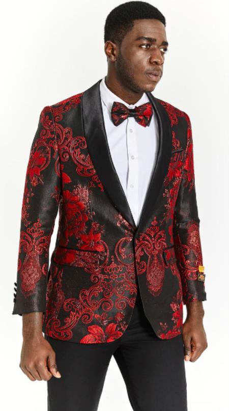 Black Paisley Dinner Jacket and Matching Bowtie - Black Paisley Suit - Prom 2026 Tuxedo Matching Bowtie - Black and Red