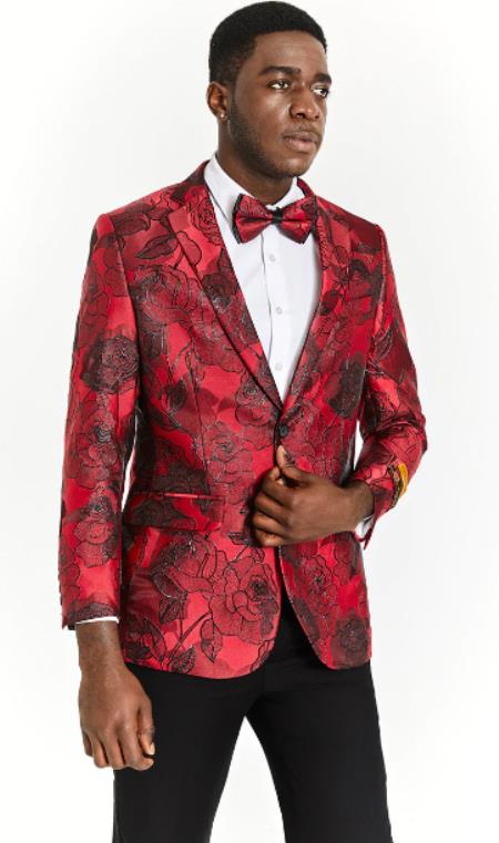 Black Paisley Dinner Jacket and Matching Bowtie - Black Paisley Suit - Prom 2026 Tuxedo Matching Bowtie - Red