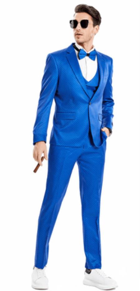 Mens One Button Dot Skinny Fit Fashion Prom 2026 Suit Blue